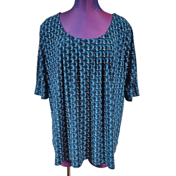 Daisy Fuentes Navy Blue Geometric Slinky‎ Short Sleeve Blouse Size 2X Women A121 - Picture 1 of 8